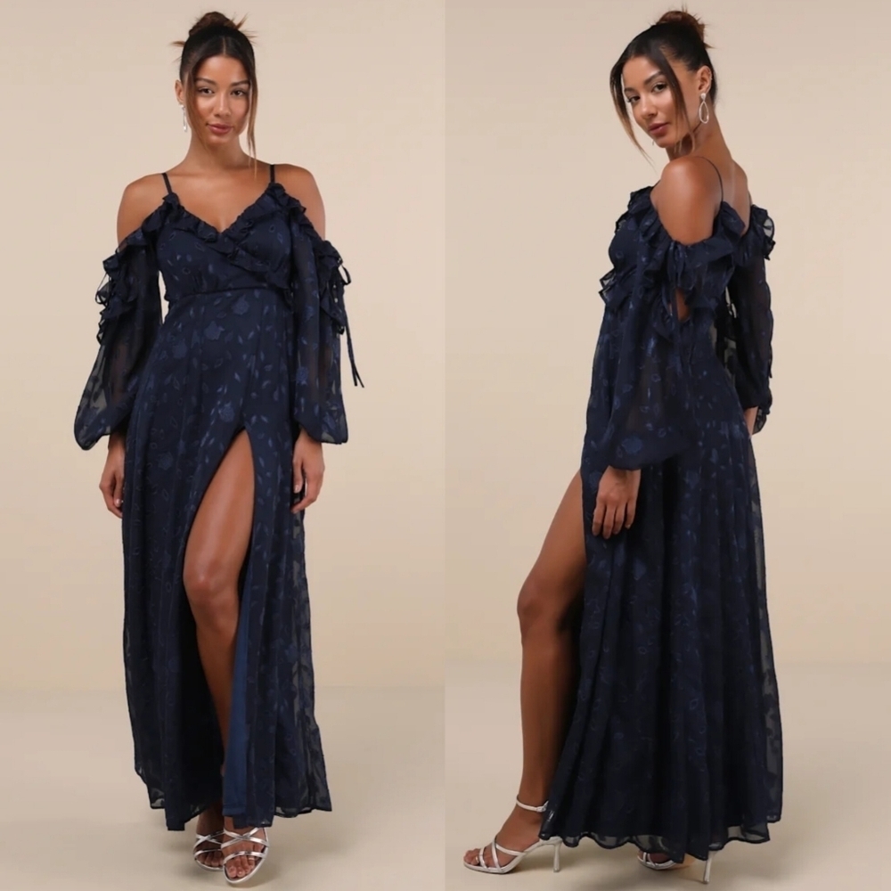 Lulus Pleasant Aura Navy Blue Floral Burnout Cold-Shoulder Maxi Dress S Wedding